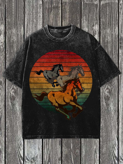 Western Colored Horse Print Casual Cotton T-Shirt