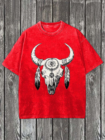 Vintage Cow Head Print Casual Cotton T-Shirt