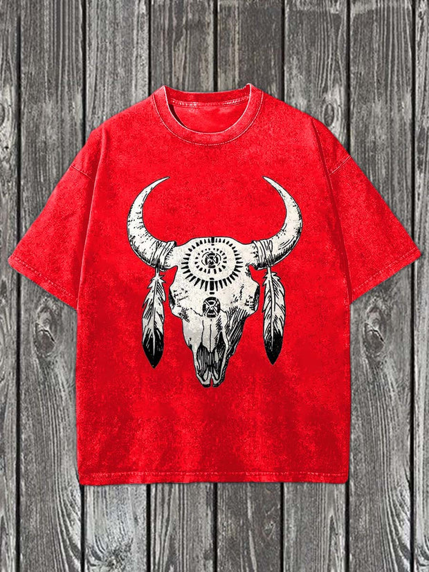 Vintage Cow Head Print Casual Cotton T-Shirt