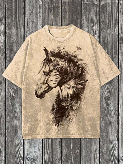 Vintage Abstract Horse Print Casual Cotton T-Shirt