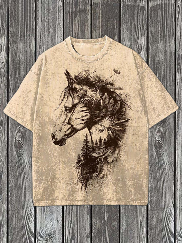 Vintage Abstract Horse Print Casual Cotton T-Shirt