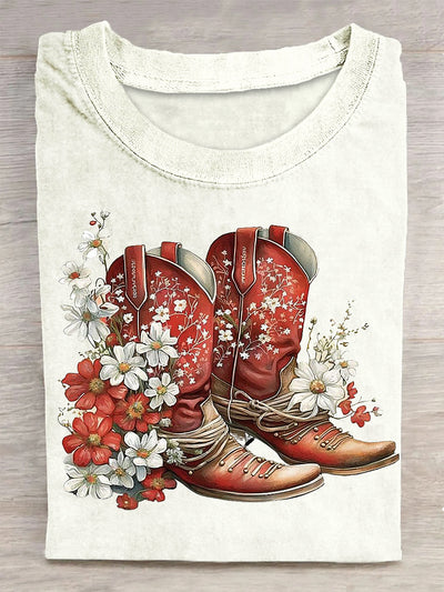 Boots And Flowers Printed Vintage Fashion Loose Short Sleeve T-Shirt