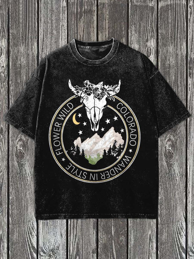 Western Bullhead Print Casual Cotton T-Shirt