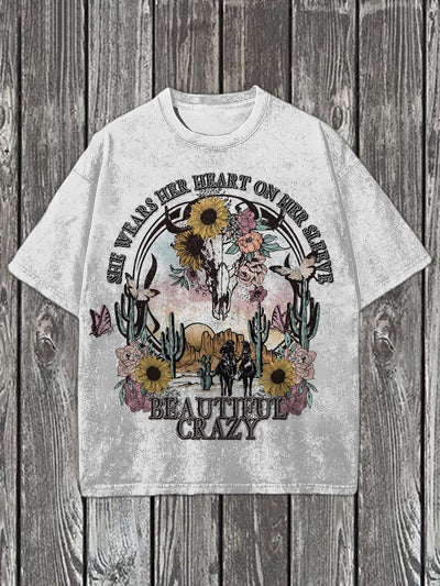 Western Cowl Floral Print Casual Cotton T-Shirt