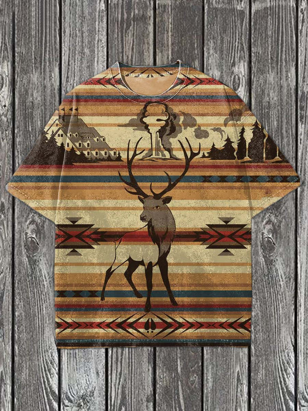 Vintage Western Deer Print Casual Cotton T-Shirt