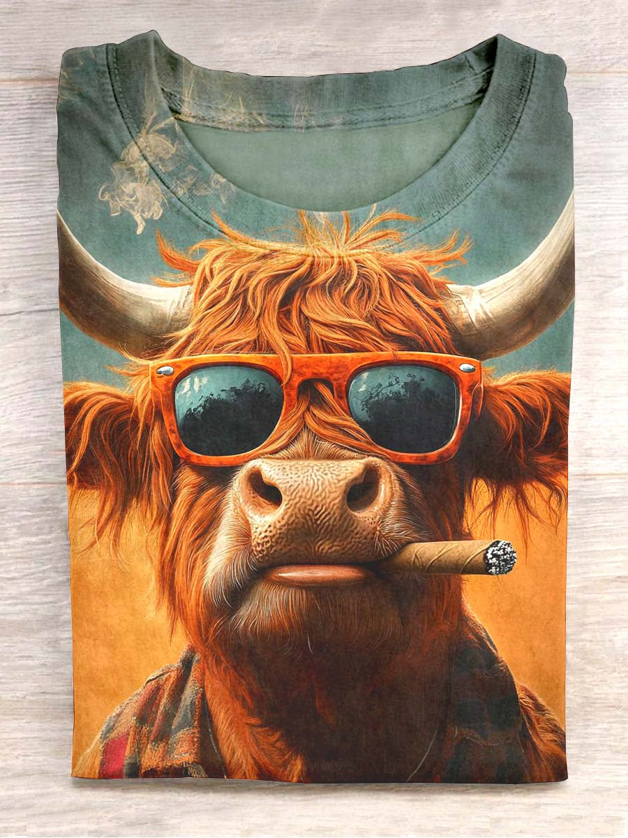 Unisex Smoking Cow Printed Short Sleeve T-Shirt