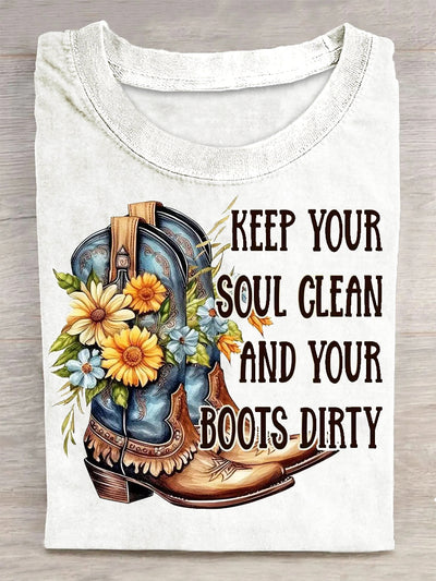 Unisex Boots And Flowers Printed Vintage Fashion Loose Short Sleeve T-Shirt