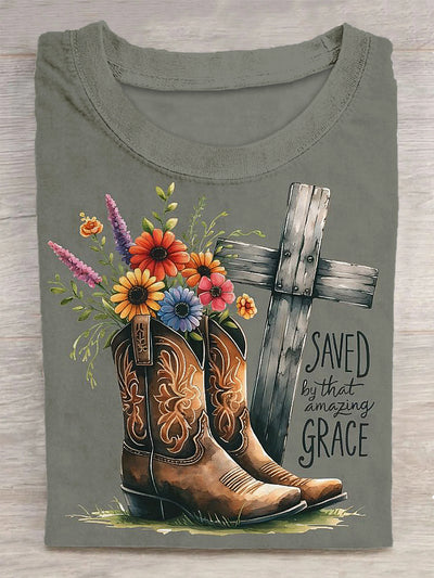 Unisex Boots＆Cross Printed Vintage Fashion Loose Short Sleeve T-Shirt