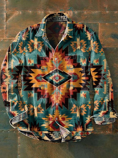Men's Western Print Casual Lapel Long Sleeve Shirt