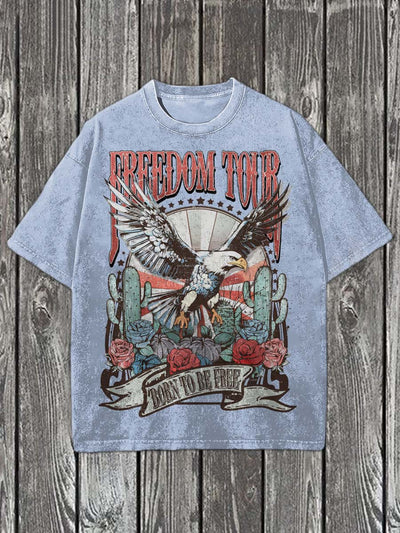 Vintage Floral Sunflower Eagle Print Casual Cotton T-Shirt