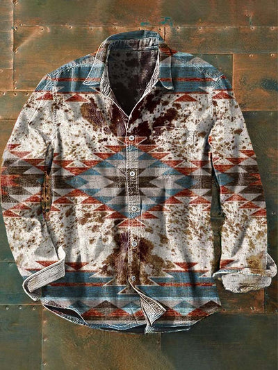 Men's Western Print Casual Lapel Long Sleeve Shirt
