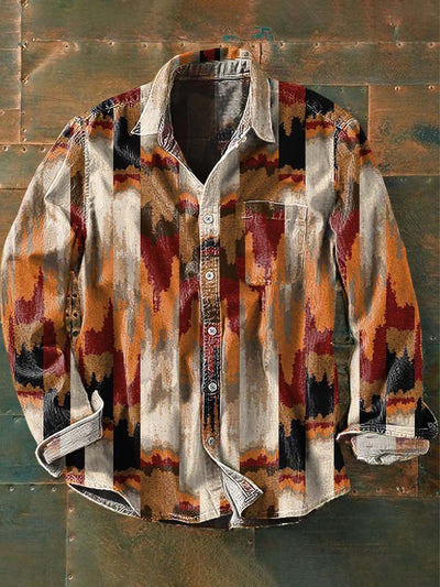 Men's Western Print Casual Lapel Long Sleeve Shirt