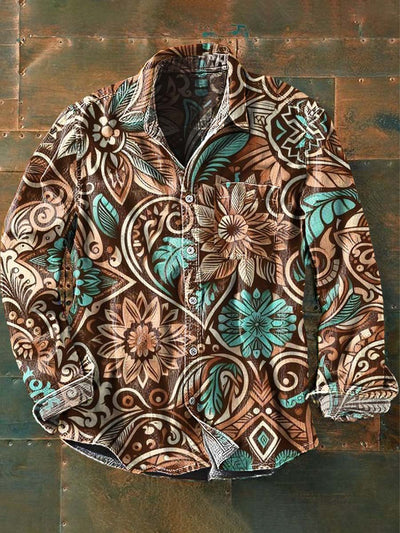Men's Vintage Western Floral Print Casual Lapel Long Sleeve Shirt