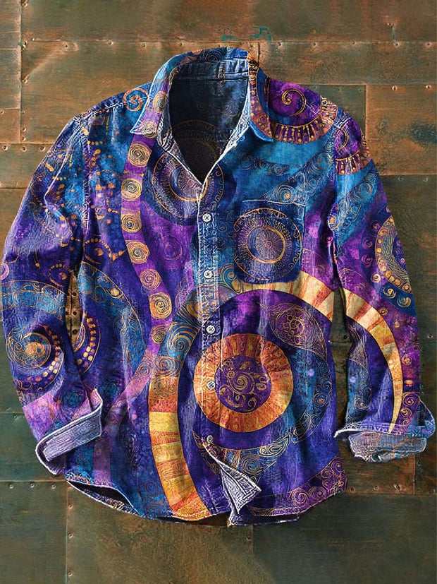 Men's Art Abstract Print Casual Lapel Long Sleeve Shirt