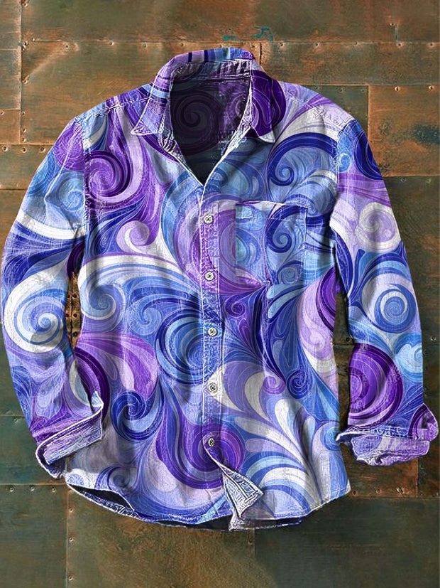 Men's Retro Abstract Circle Print Casual Lapel Long Sleeve Shirt