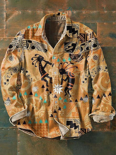 Men's Vintage Tribal Ethnic Print Casual Lapel Long Sleeve Shirt