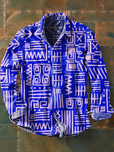 Men's Vintage Tribal Ethnic Print Casual Lapel Long Sleeve Shirt
