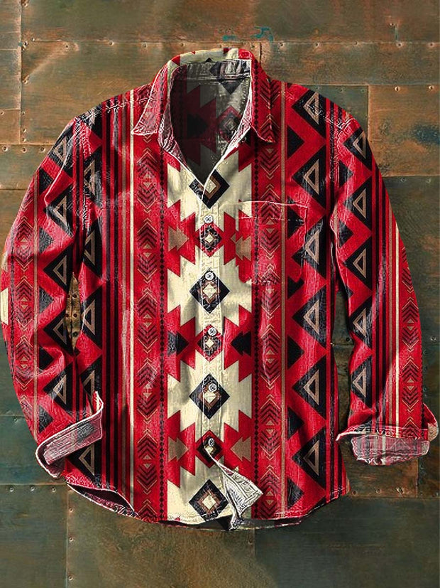 Men's Western Print Casual Lapel Long Sleeve Shirt