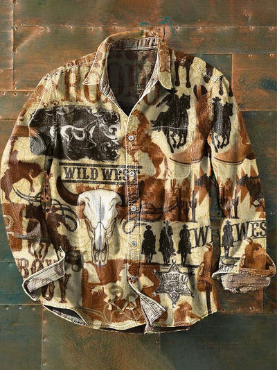Men's Western Print Casual Lapel Long Sleeve Shirt