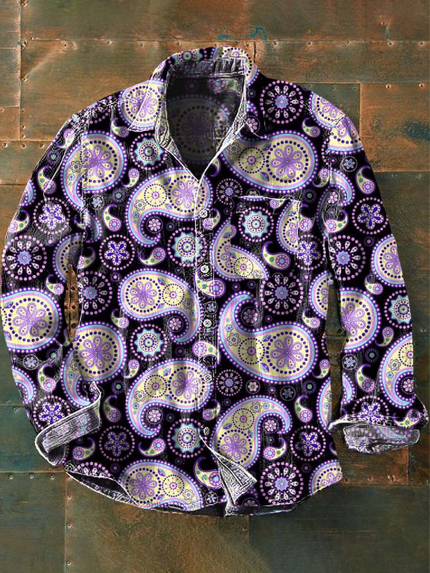 Men's Vintage Cashew Flower Floral Print Casual Lapel Long Sleeve Shirt