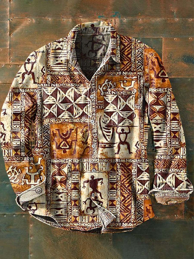 Men's Vintage Tribal Ethnic Print Casual Lapel Long Sleeve Shirt