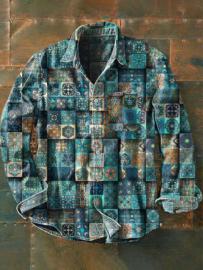Men's Abstract Vintage Plaid Printed Casual Lapel Long Sleeve Shirt