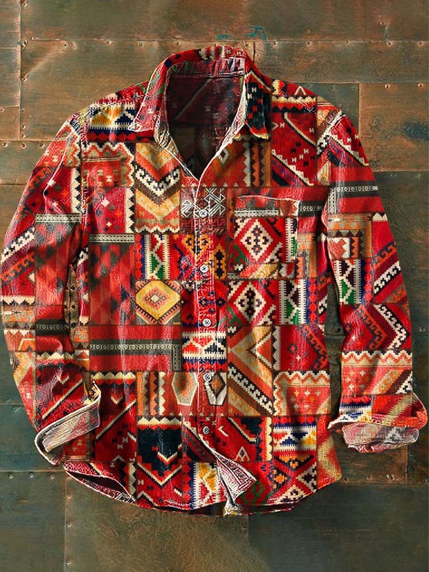 Men's Vintage Western Pattern Print Casual Lapel Long Sleeve Shirt