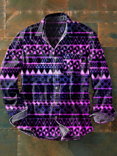 Men's Vintage Western Pattern Print Casual Lapel Long Sleeve Shirt