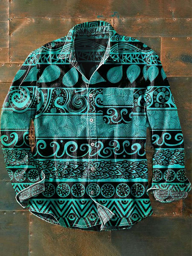 Men's Vintage Tribal Ethnic Print Casual Lapel Long Sleeve Shirt