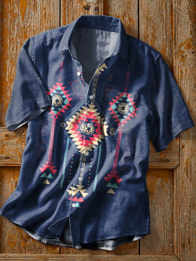 Men's Retro Ethnic Pattern Art Print Lapel Short Sleeve Pocket Shirt