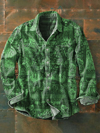 Men's Vintage Tribal Abstract Print Casual Lapel Long Sleeve Shirt