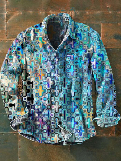 Men's Retro Abstract Print Casual Long Sleeve Lapel Shirt