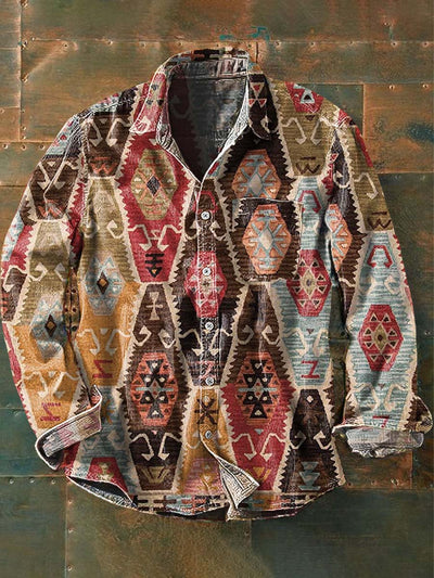 Men's Vintage Western Pattern Print Casual Long Sleeve Lapel Shirt
