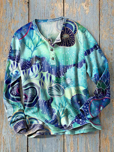 Men's Vintage Blue Undersea Botanical Art Print Long Sleeve Henley Shirt