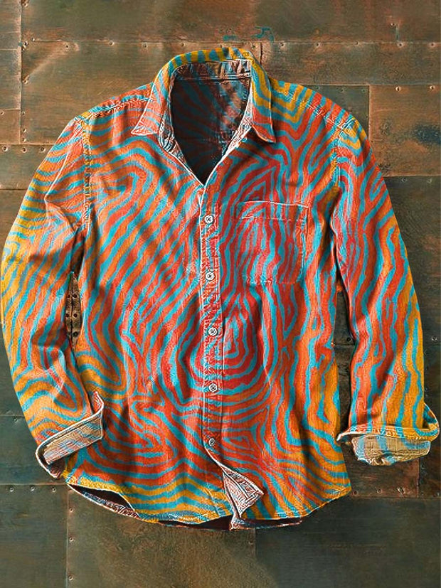 Men's Retro Abstract Print Casual Long Sleeve Lapel Shirt