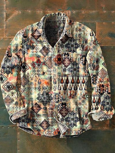 Men's Vintage Western Pattern Print Casual Long Sleeve Lapel Shirt