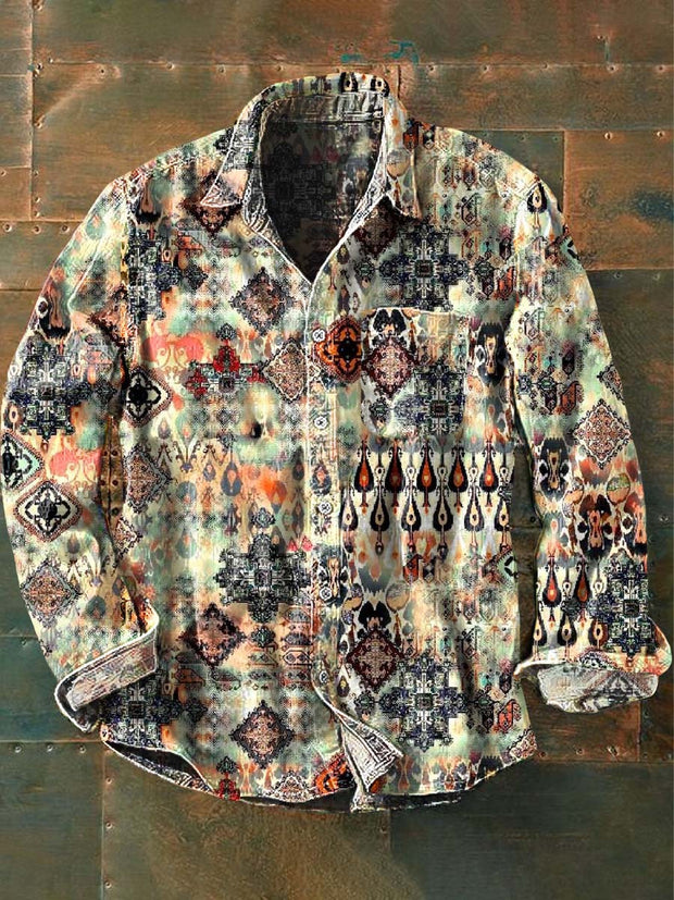 Men's Vintage Western Pattern Print Casual Long Sleeve Lapel Shirt