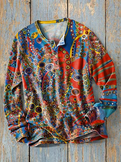 Men's Vintage Colorful Abstract Art Print Long Sleeve Henley Shirt
