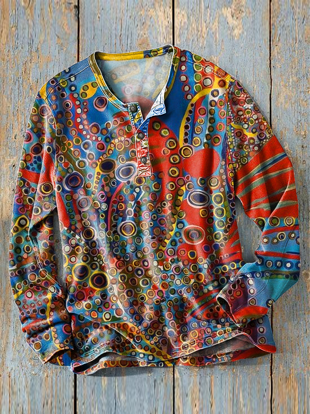 Men's Vintage Colorful Abstract Art Print Long Sleeve Henley Shirt