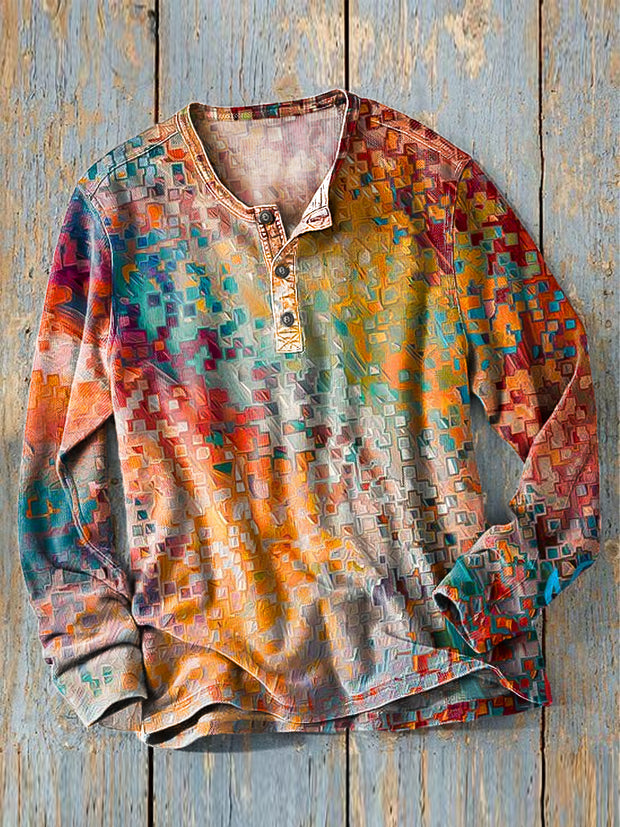 Men's Vintage Colorful Abstract Geometric Art Print Long Sleeve Henley Shirt