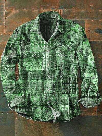 Men's Vintage Abstract Jade Print Casual Long Sleeve Lapel Shirt