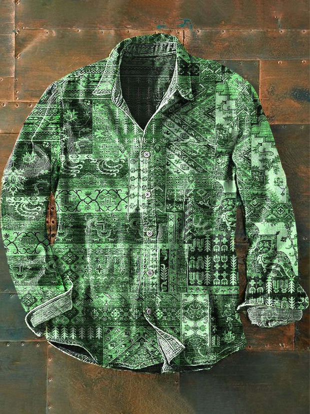 Men's Vintage Abstract Jade Print Casual Long Sleeve Lapel Shirt