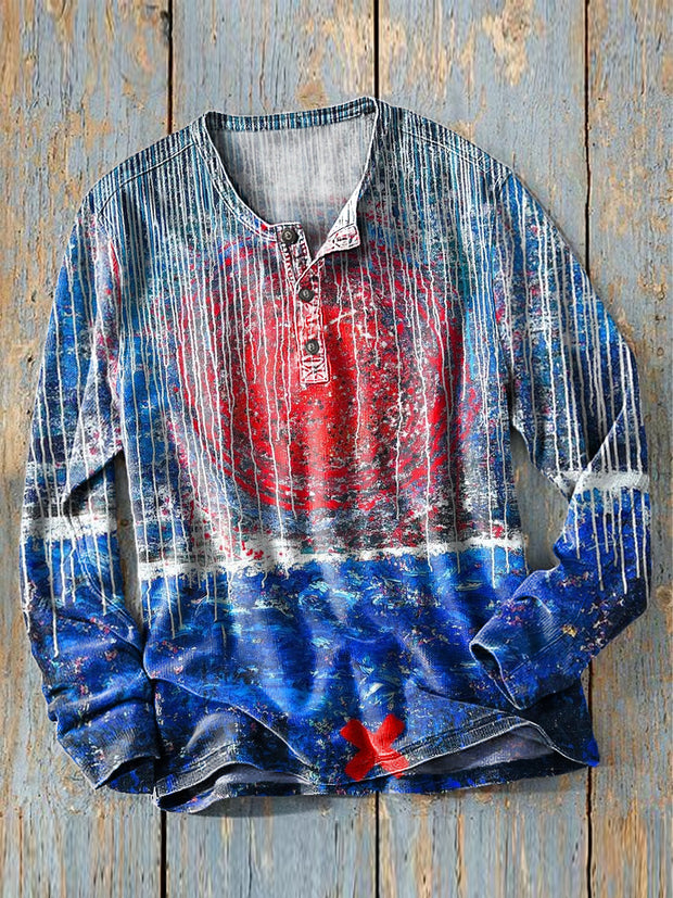 Men's Vintage Colorful Abstract Sun Art Print Long Sleeve Henley Shirt