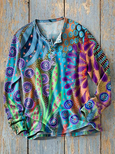 Men's Vintage Colorful Irregular Art Print Long Sleeve Henley Shirt