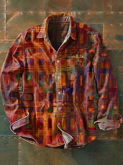 Men's Vintage Western Pattern Print Casual Long Sleeve Lapel Shirt