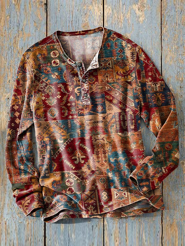 Men's Vintage Ethnic Geometric Art Print Long Sleeve Henley Shirt