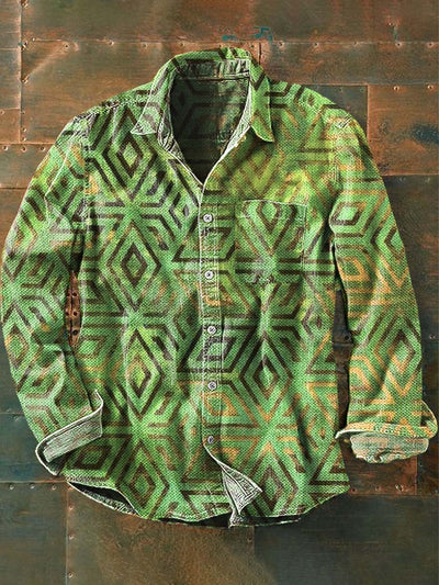 Men's Vintage Western Pattern Print Casual Long Sleeve Lapel Shirt