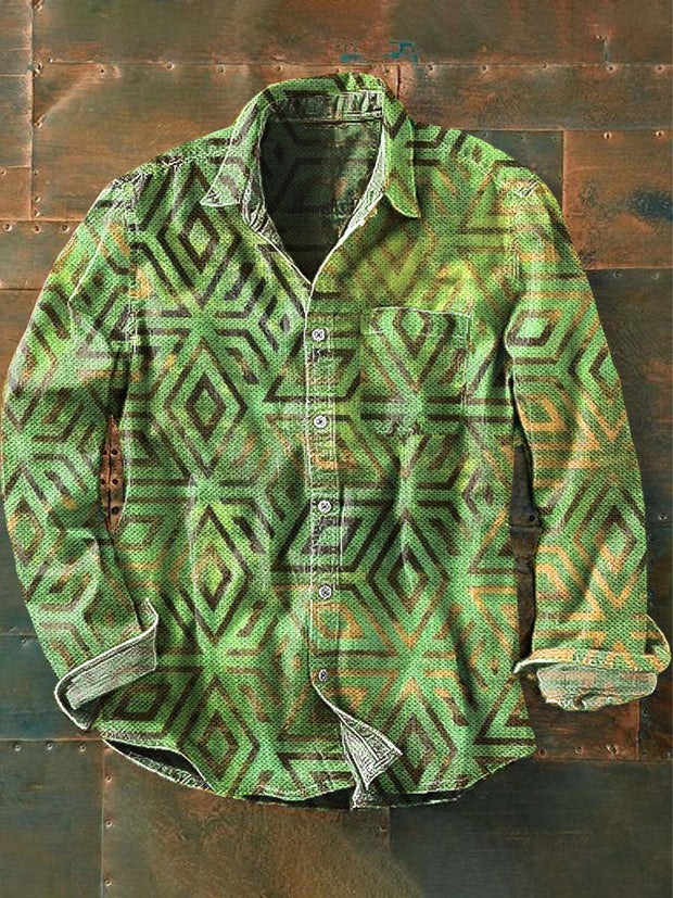 Men's Vintage Western Pattern Print Casual Long Sleeve Lapel Shirt