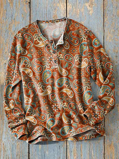Men's Vintage Ethnic Paisley Art Print Long Sleeve Henley Shirt