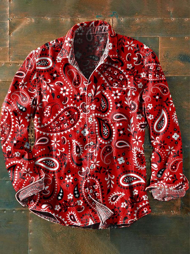 Men's Vintage Cashew Flower Pattern Printed Casual Long Sleeve Lapel Shirt